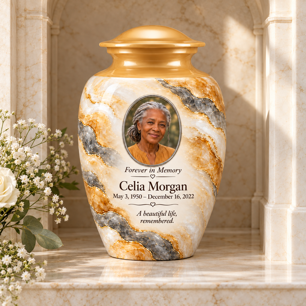 Honey Traverse adult urn in a columbarium setting with fictional sample photo and text.