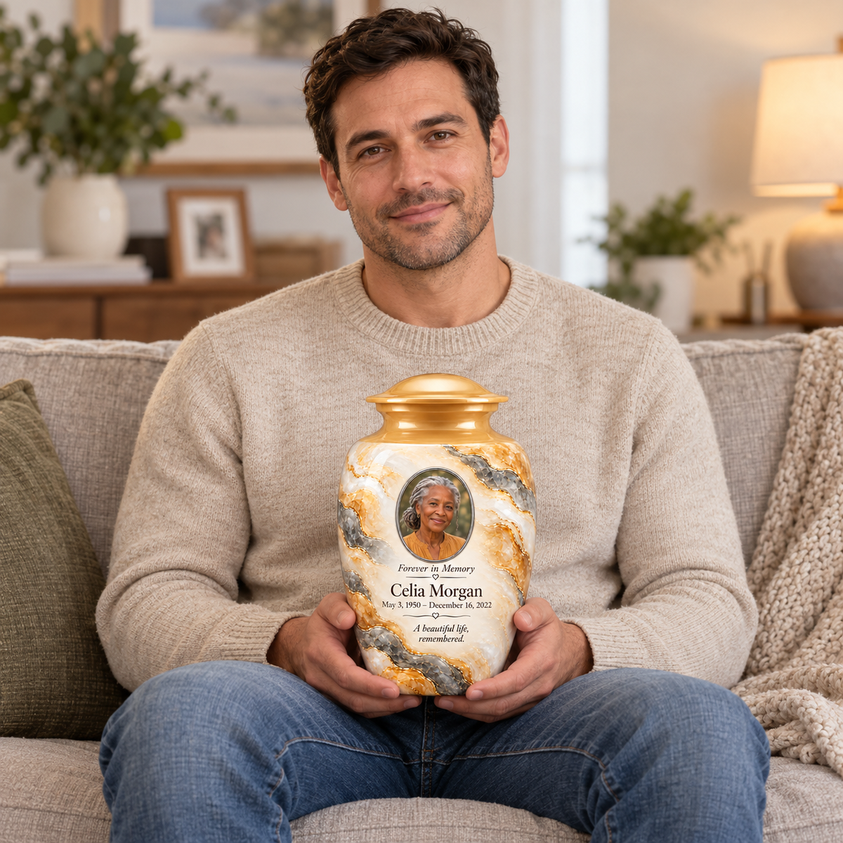Honey Traverse adult urn held on a lap with fictional sample photo and text.