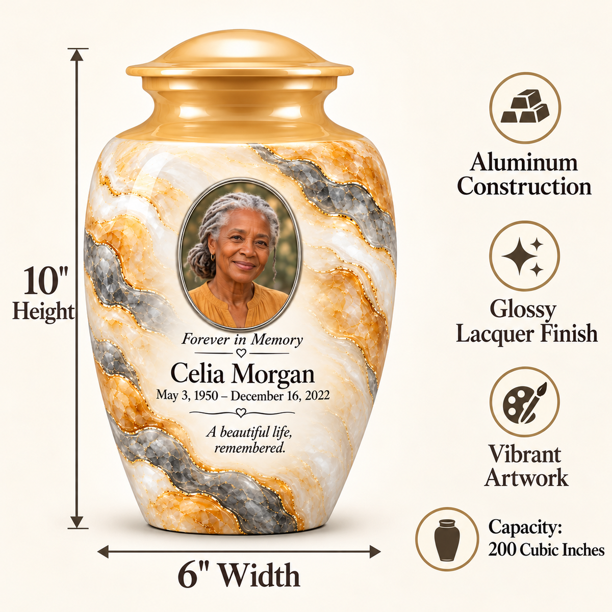 Honey Traverse adult urn size guide: 10 inches high, 6 inches wide, 200 cubic inches with fictional sample photo and text.