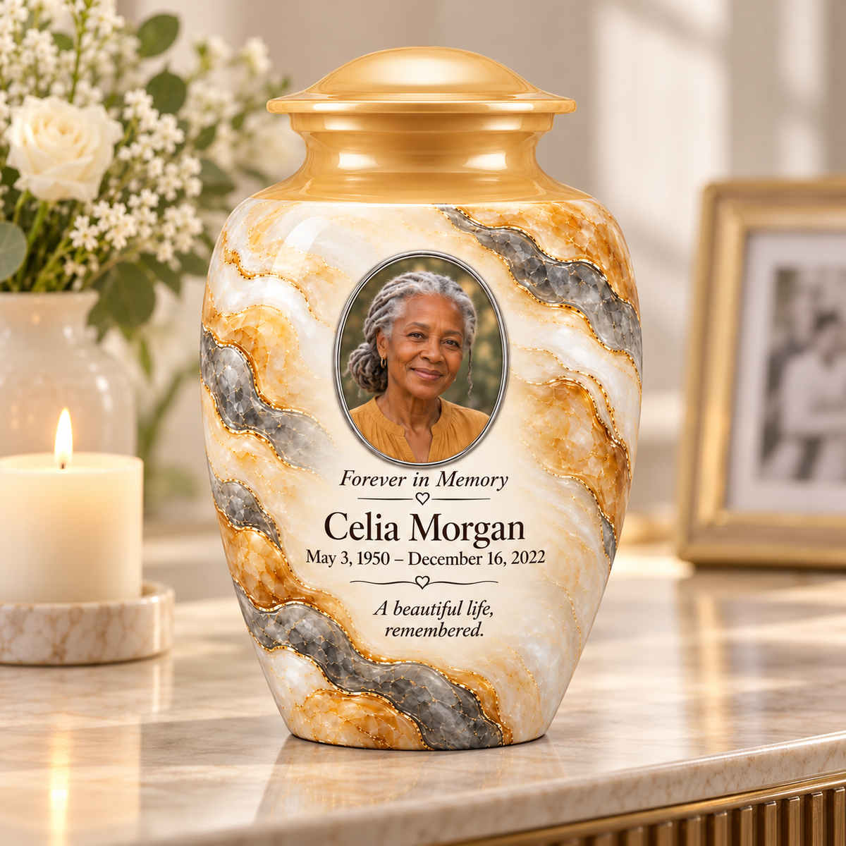 Honey Traverse adult urn on a memorial console with fictional sample photo and text.