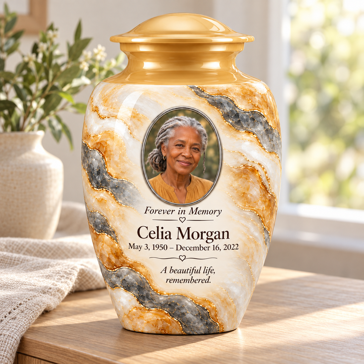 Honey Traverse adult urn in a sunlit home with fictional sample photo and text.
