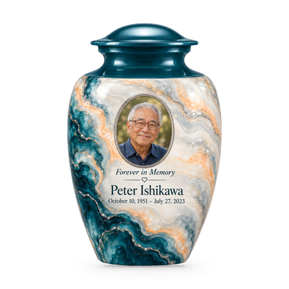 Petrol Bloom adult urn with fictional sample photo and text.
