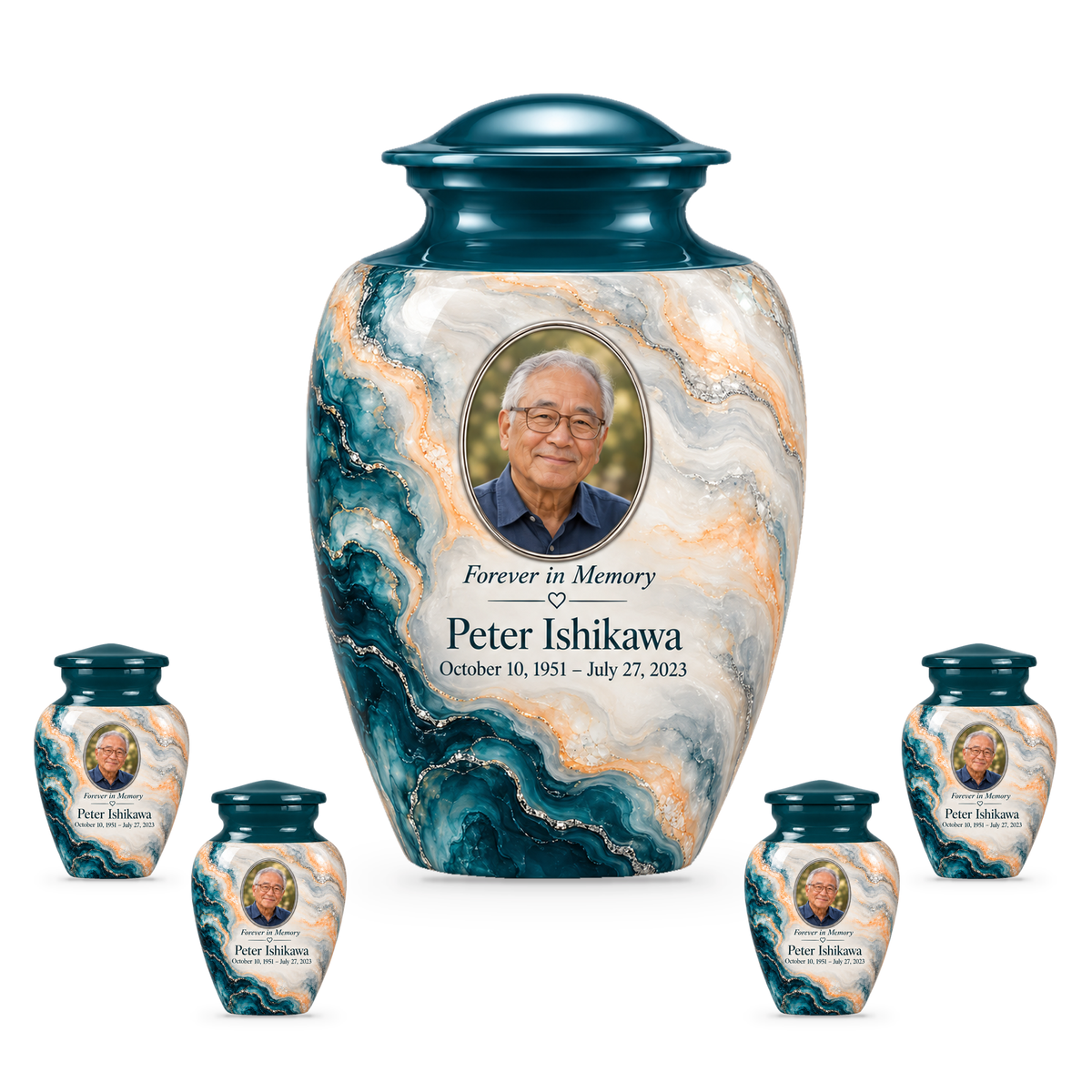 Petrol Bloom adult urn with four keepsakes with fictional sample photo and text.