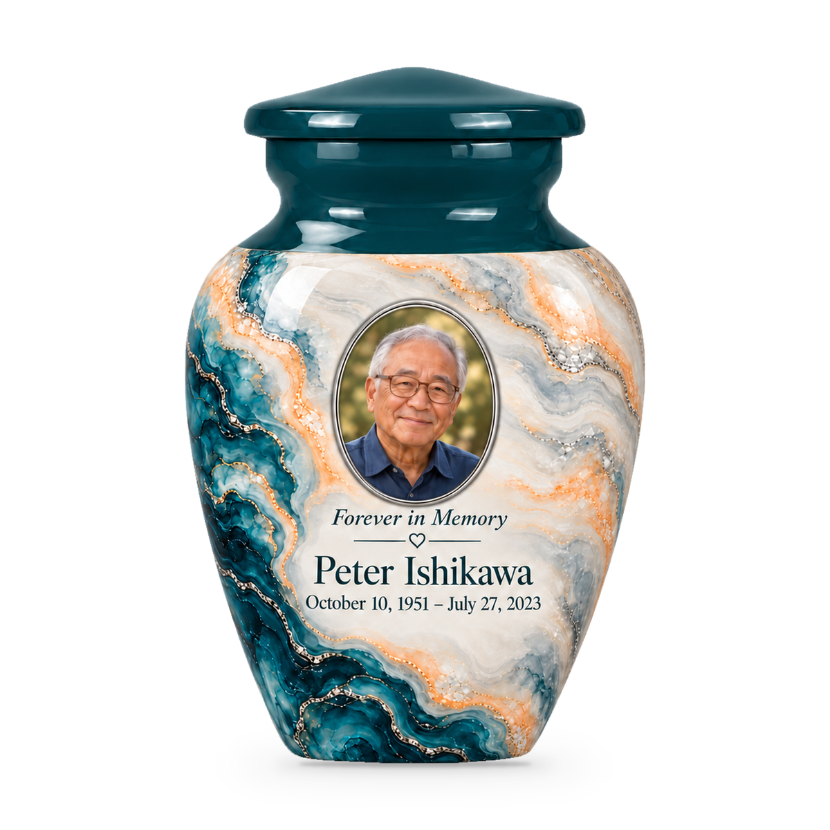 Petrol Bloom single keepsake urn with fictional sample photo and text.