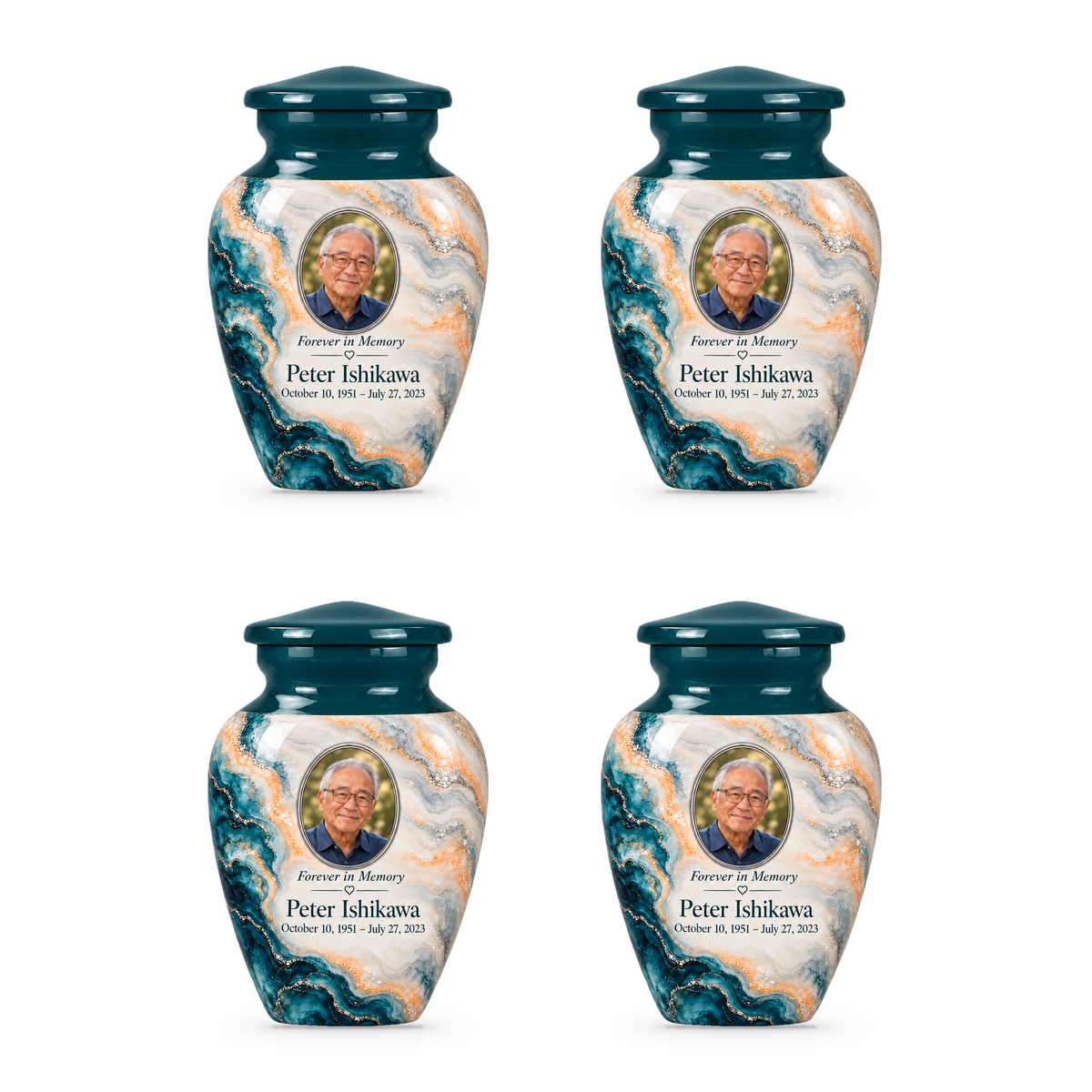 Petrol Bloom set of four keepsake urns with fictional sample photo and text.