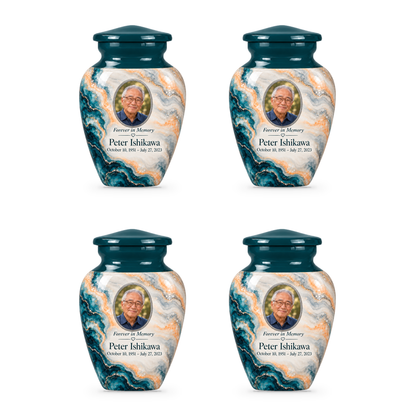 Petrol Bloom set of four keepsake urns with fictional sample photo and text.