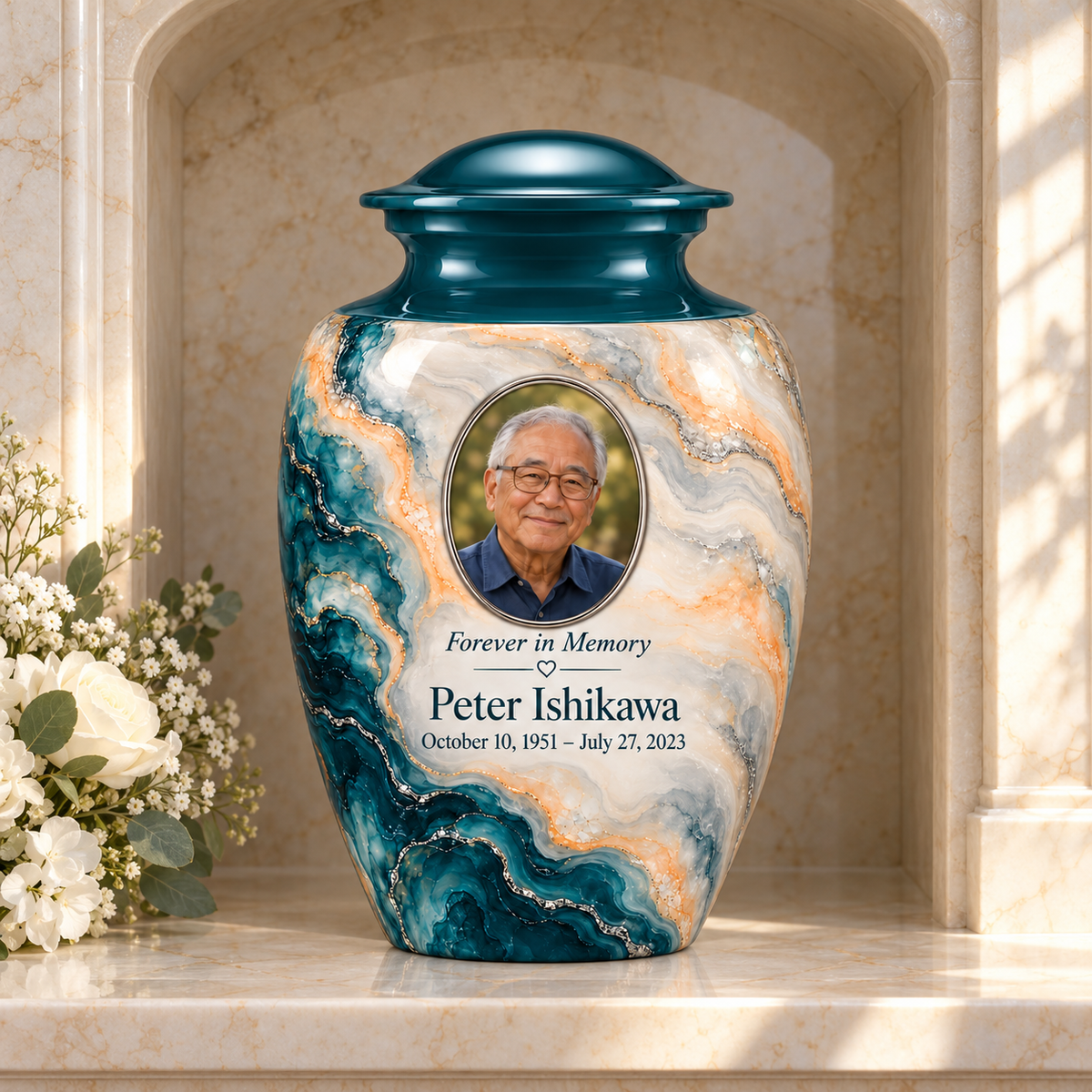 Petrol Bloom adult urn in a columbarium setting with fictional sample photo and text.