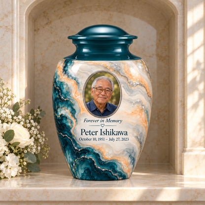 Petrol Bloom adult urn in a columbarium setting with fictional sample photo and text.