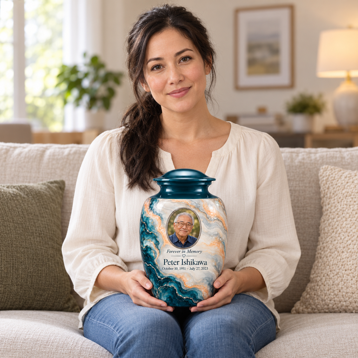 Petrol Bloom adult urn held on a lap with fictional sample photo and text.