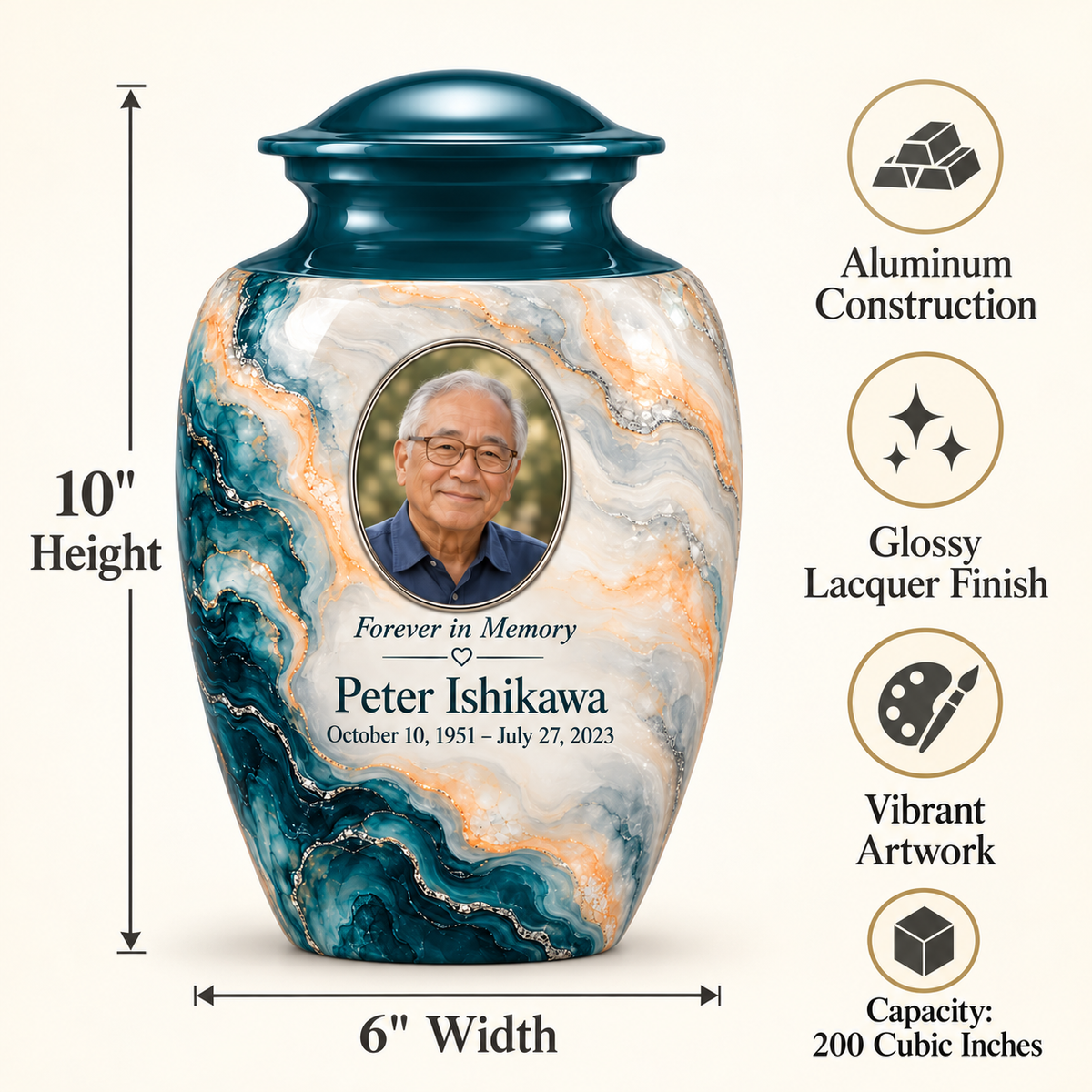 Petrol Bloom adult urn size guide: 10 inches high, 6 inches wide, 200 cubic inches with fictional sample photo and text.