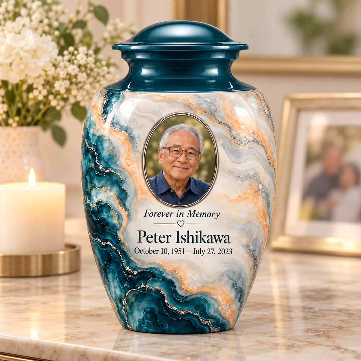 Petrol Bloom adult urn on a memorial console with fictional sample photo and text.