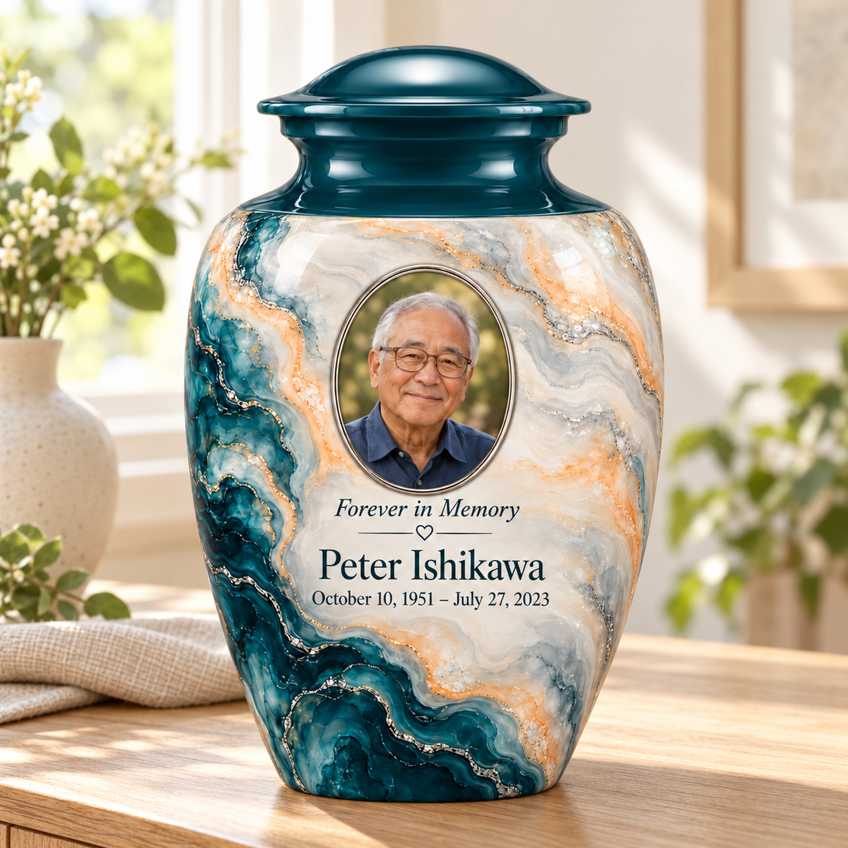 Petrol Bloom adult urn in a sunlit home with fictional sample photo and text.