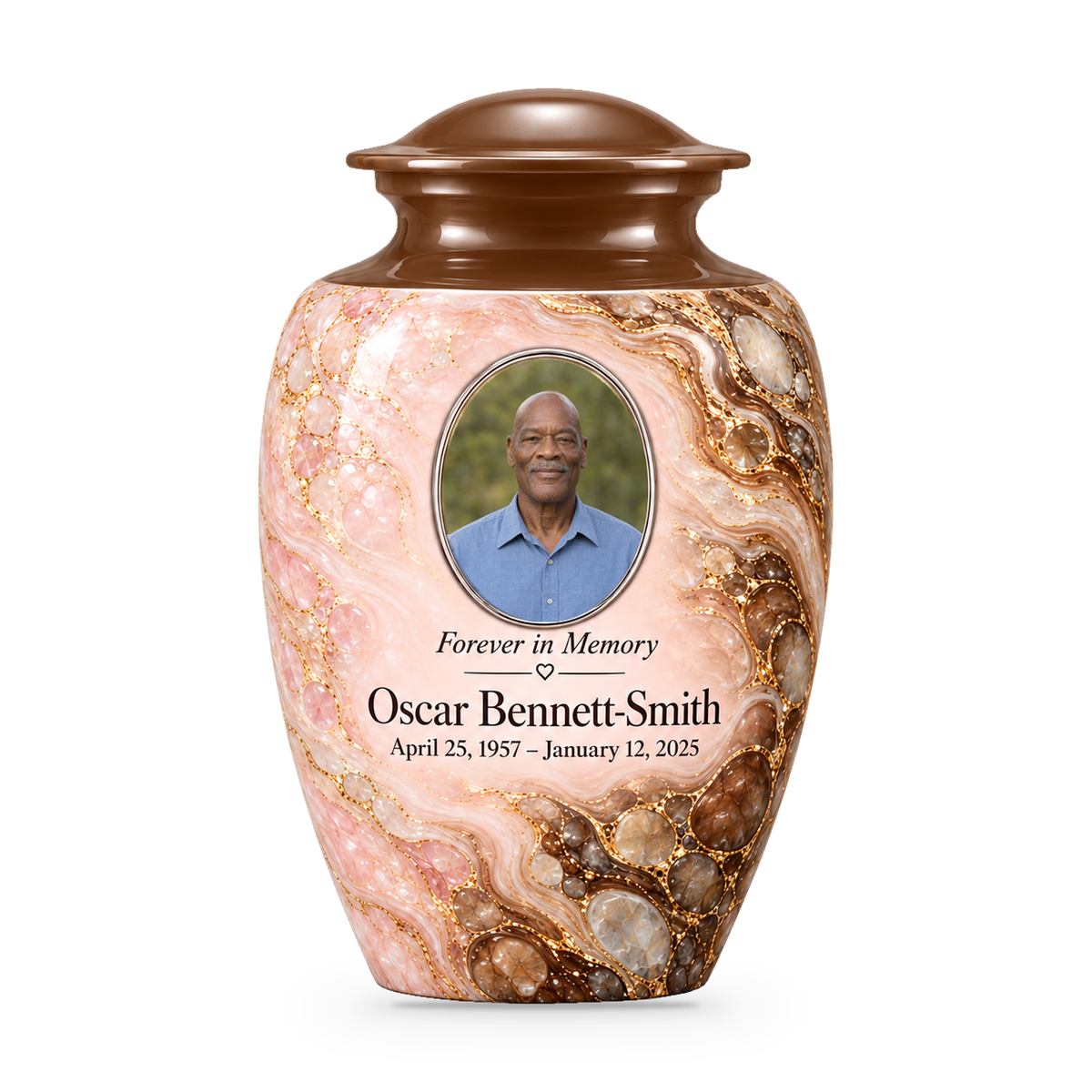Umber Tidepool adult urn with fictional sample photo and text.