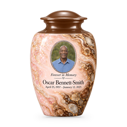 Umber Tidepool adult urn with fictional sample photo and text.