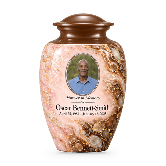 Umber Tidepool adult urn with fictional sample photo and text.