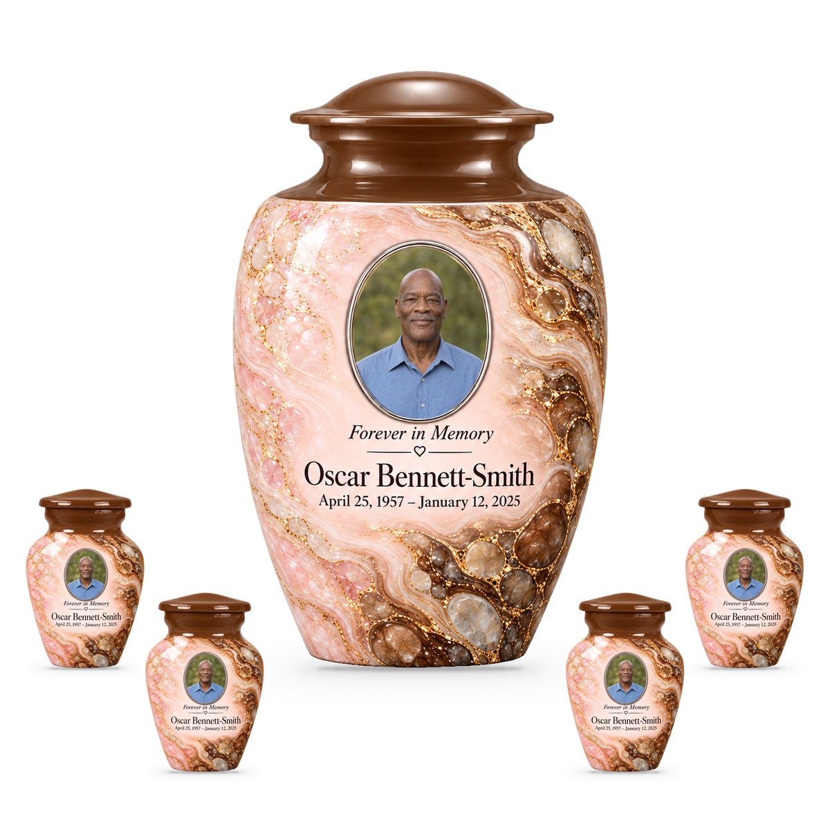 Umber Tidepool adult urn with four keepsakes with fictional sample photo and text.