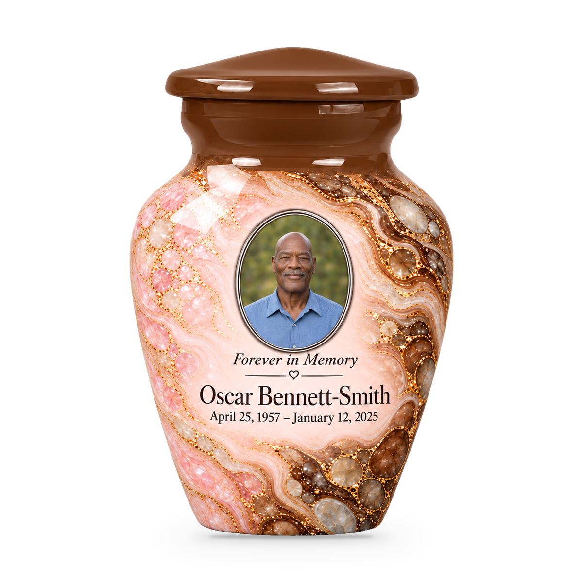 Umber Tidepool single keepsake urn with fictional sample photo and text.