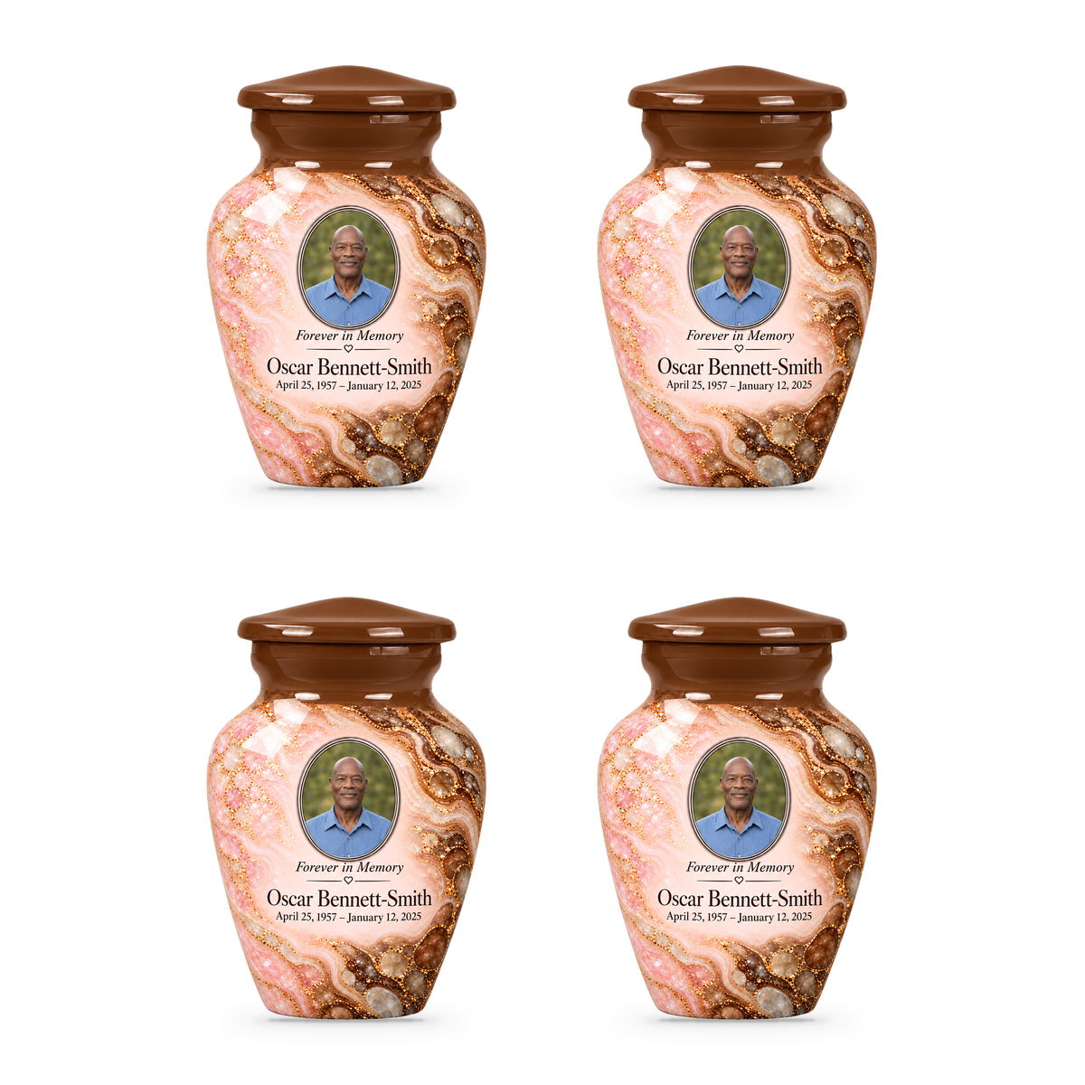 Umber Tidepool set of four keepsake urns with fictional sample photo and text.