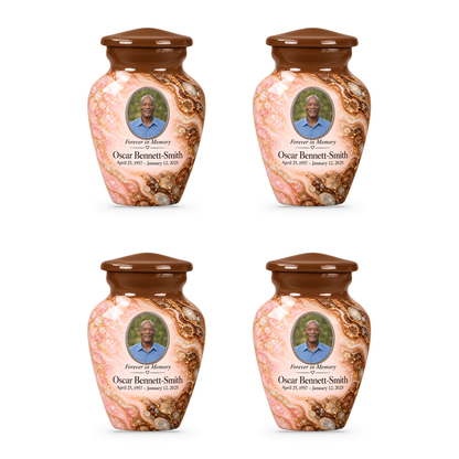 Umber Tidepool set of four keepsake urns with fictional sample photo and text.