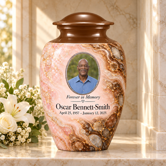 Umber Tidepool adult urn in a columbarium setting with fictional sample photo and text.