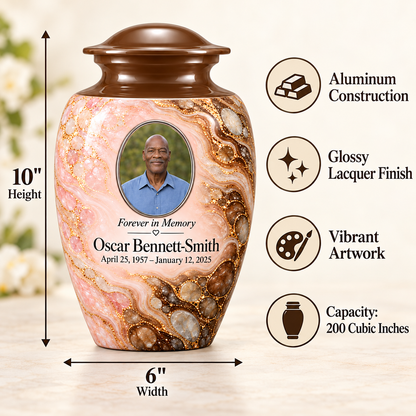 Umber Tidepool adult urn size guide: 10 inches high, 6 inches wide, 200 cubic inches with fictional sample photo and text.