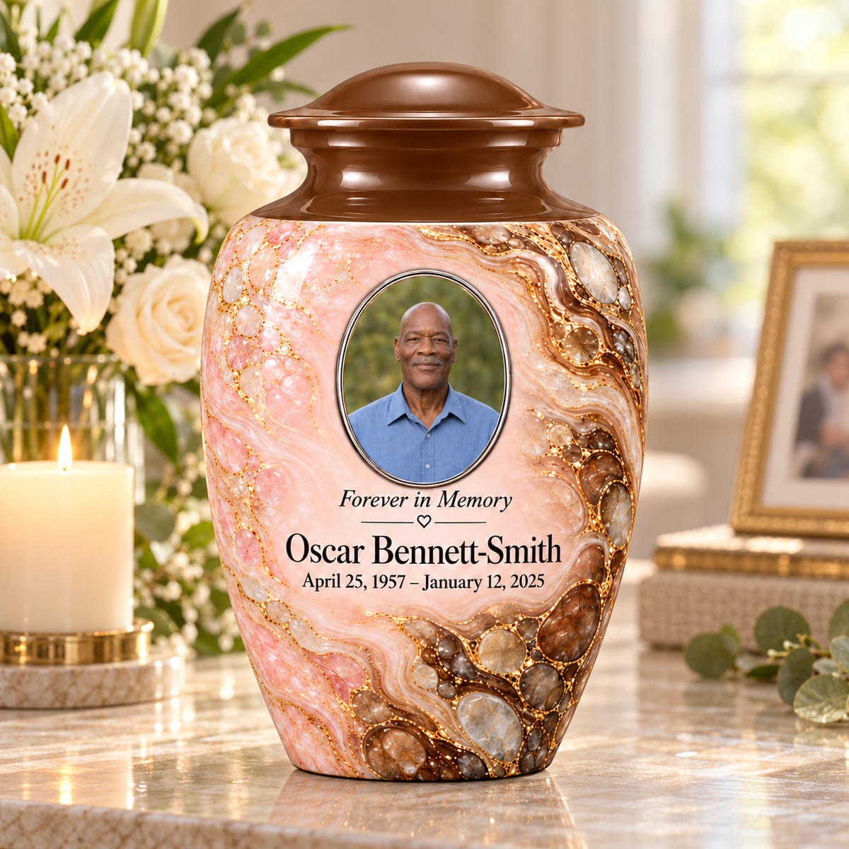 Umber Tidepool adult urn on a memorial console with fictional sample photo and text.