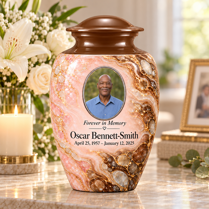 Umber Tidepool adult urn on a memorial console with fictional sample photo and text.