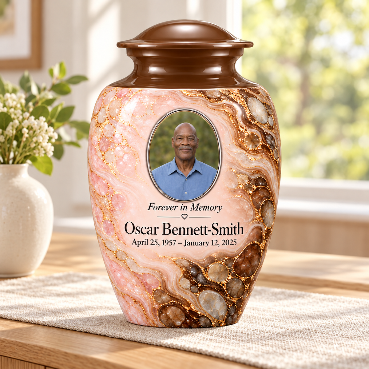 Umber Tidepool adult urn in a sunlit home with fictional sample photo and text.