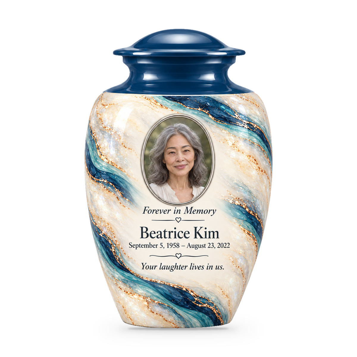 Marine Helix adult urn with fictional sample photo and text.