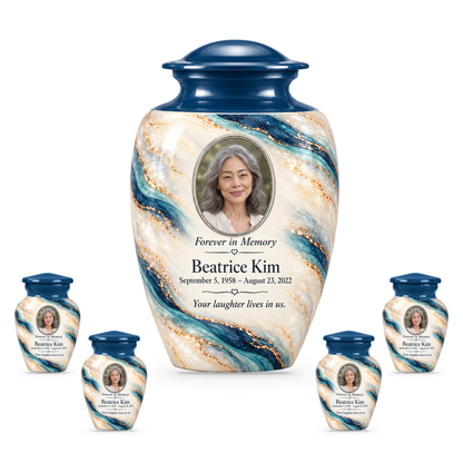 Marine Helix adult urn with four keepsakes with fictional sample photo and text.