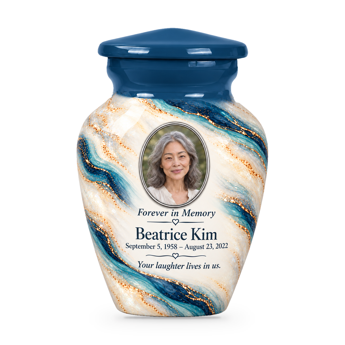 Marine Helix single keepsake urn with fictional sample photo and text.