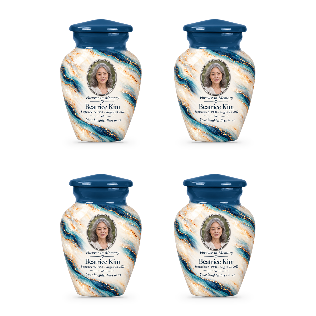 Marine Helix set of four keepsake urns with fictional sample photo and text.