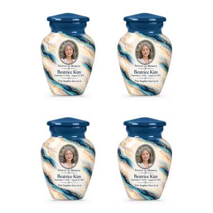 Marine Helix set of four keepsake urns with fictional sample photo and text.