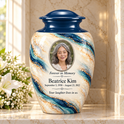 Marine Helix adult urn in a columbarium setting with fictional sample photo and text.