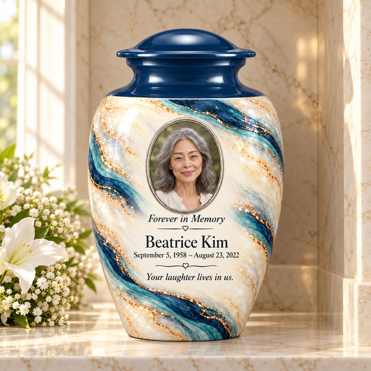 Marine Helix adult urn in a columbarium setting with fictional sample photo and text.
