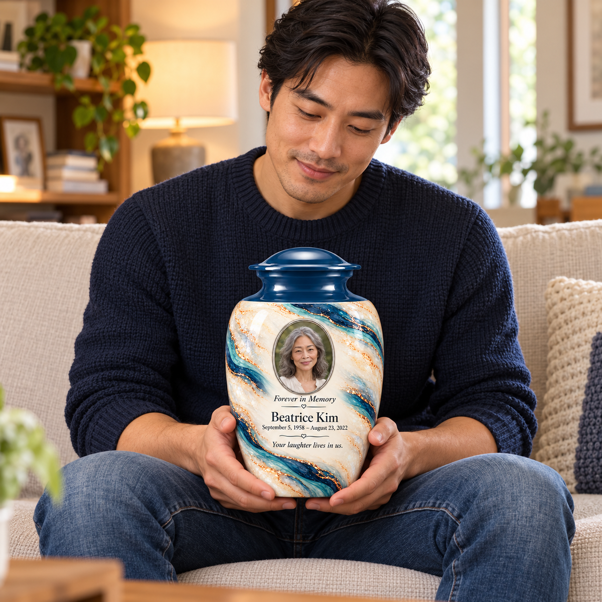 Marine Helix adult urn held on a lap with fictional sample photo and text.
