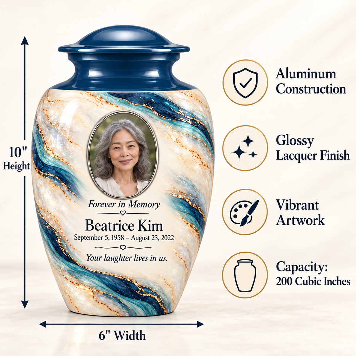 Marine Helix adult urn size guide: 10 inches high, 6 inches wide, 200 cubic inches with fictional sample photo and text.