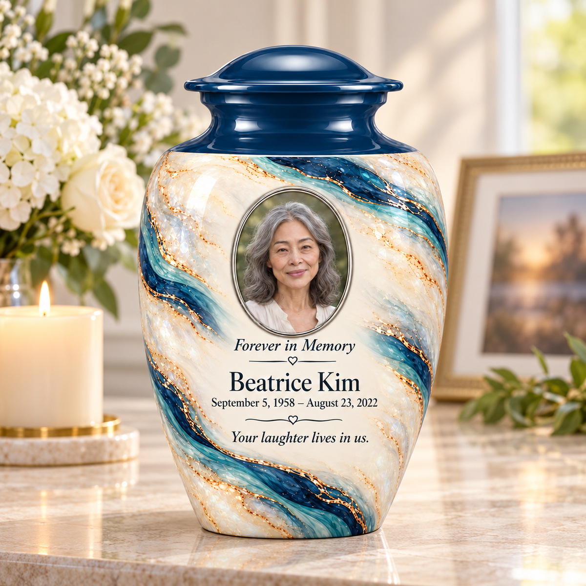 Marine Helix adult urn on a memorial console with fictional sample photo and text.