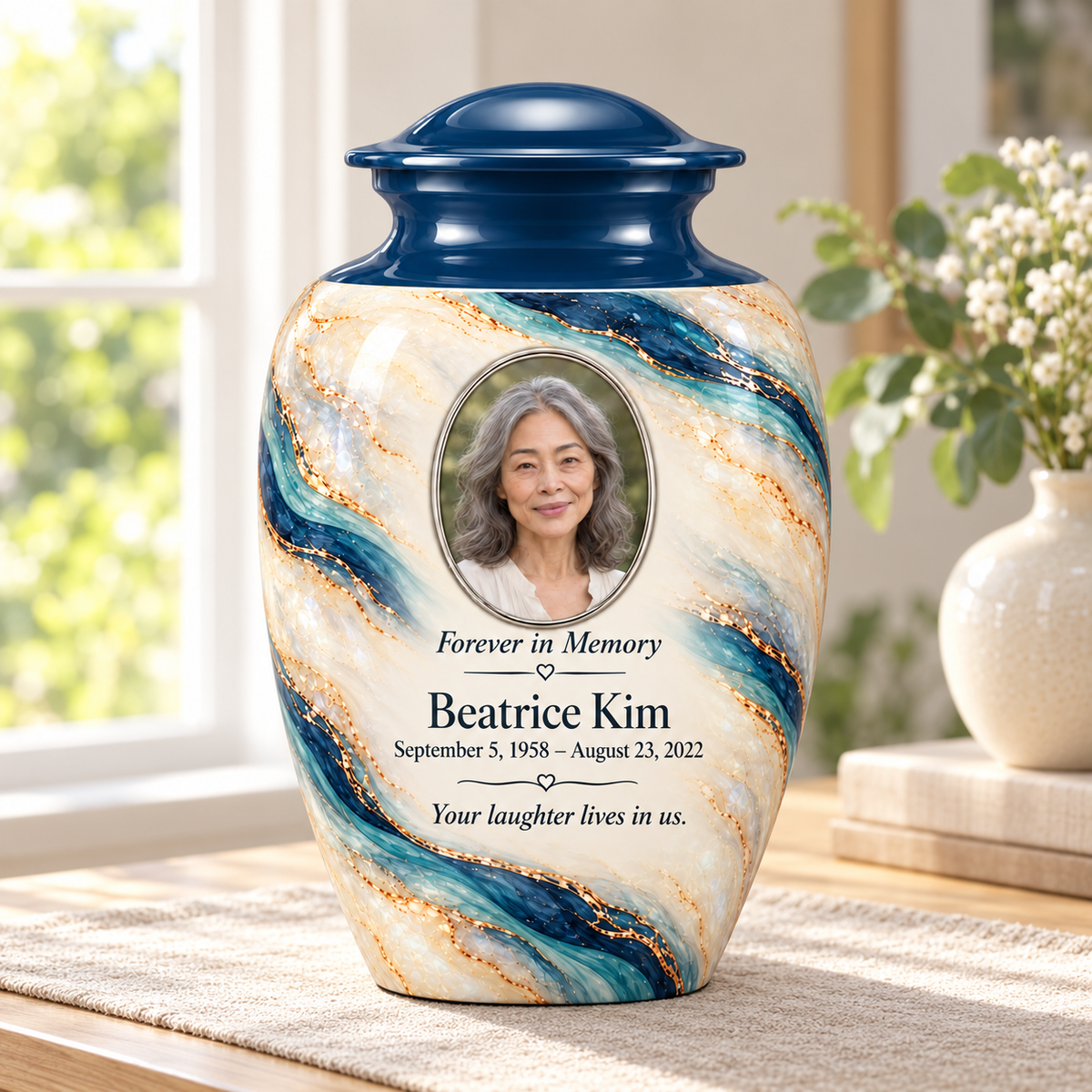 Marine Helix adult urn in a sunlit home with fictional sample photo and text.