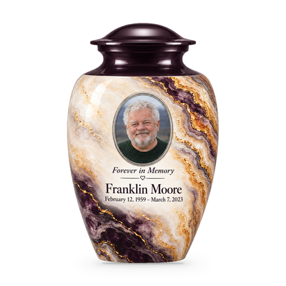 Plum Escarpment adult urn with fictional sample photo and text.