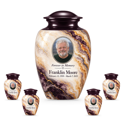 Plum Escarpment adult urn with four keepsakes with fictional sample photo and text.