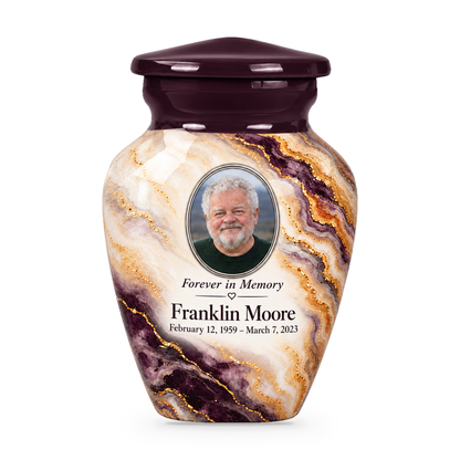Plum Escarpment single keepsake urn with fictional sample photo and text.