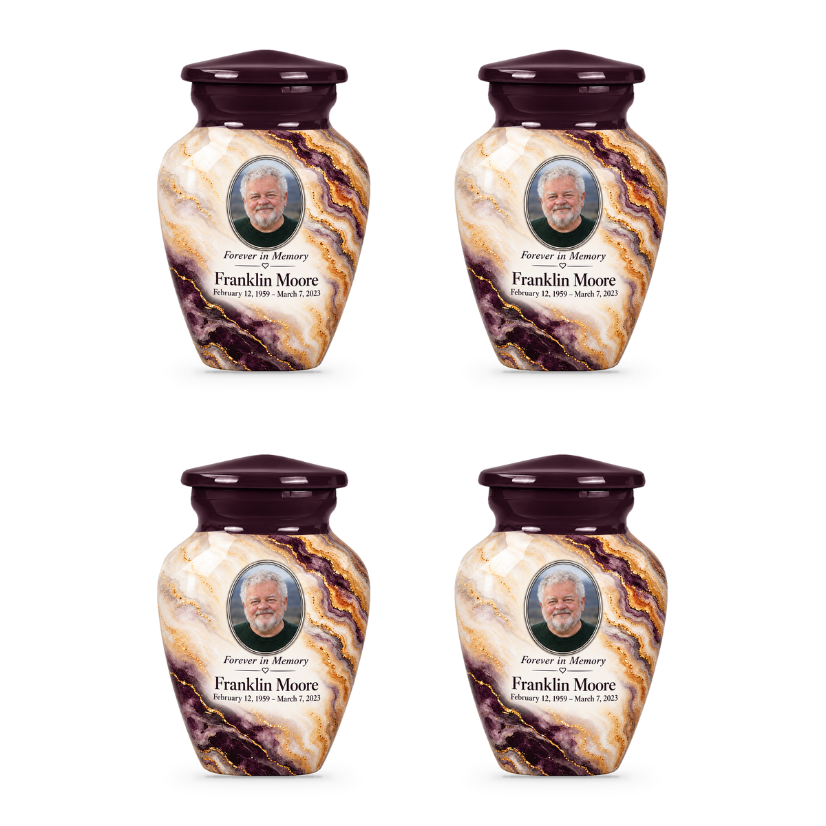 Plum Escarpment set of four keepsake urns with fictional sample photo and text.
