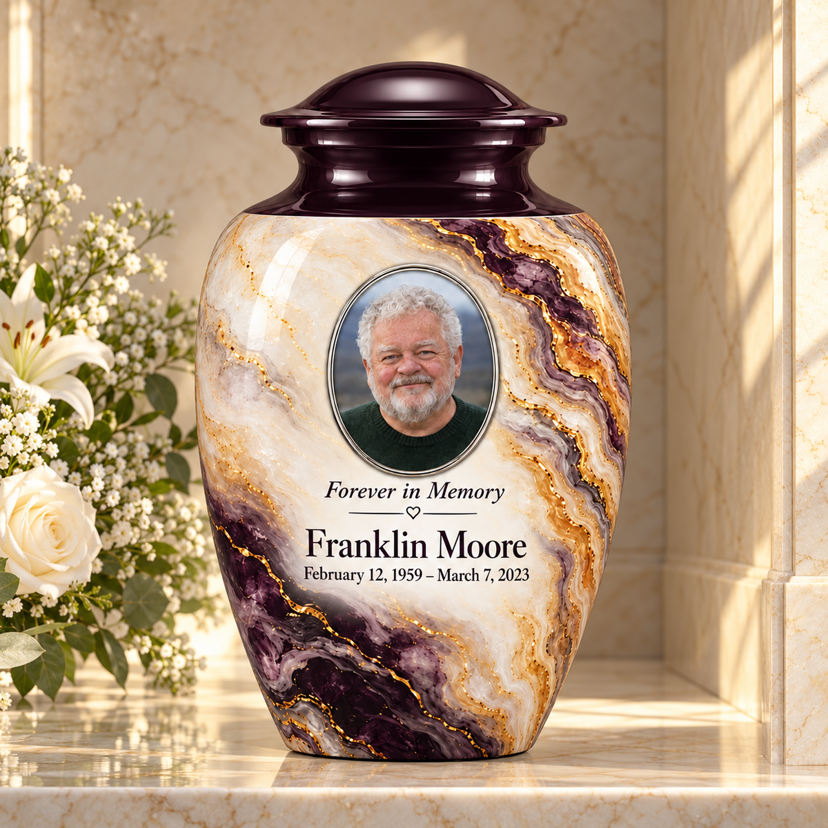 Plum Escarpment adult urn in a columbarium setting with fictional sample photo and text.