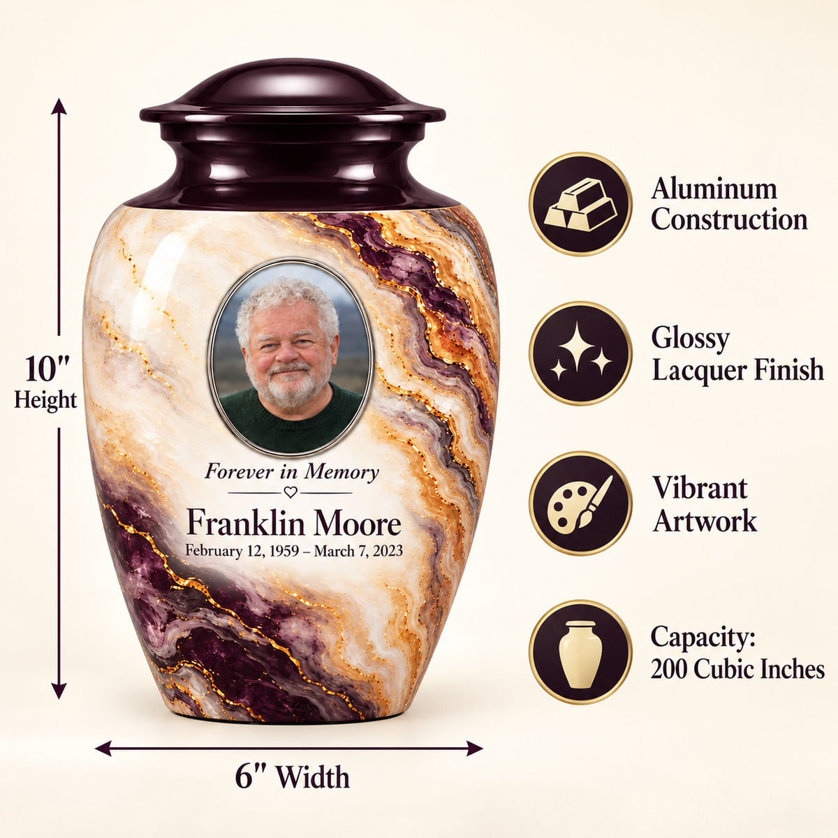 Plum Escarpment adult urn size guide: 10 inches high, 6 inches wide, 200 cubic inches with fictional sample photo and text.