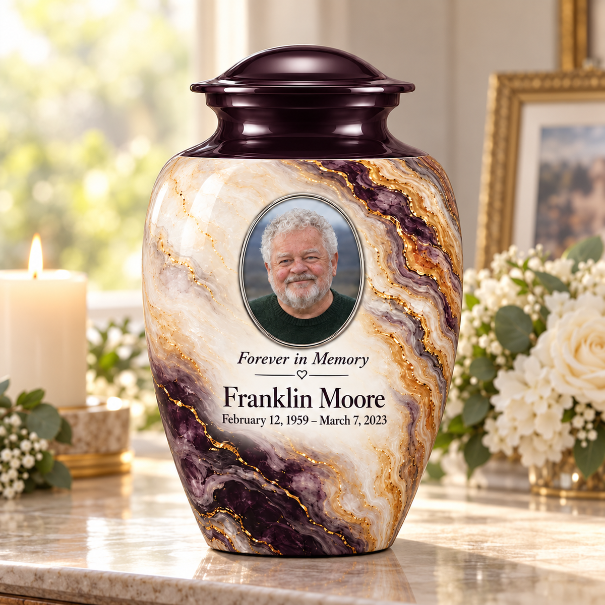 Plum Escarpment adult urn on a memorial console with fictional sample photo and text.