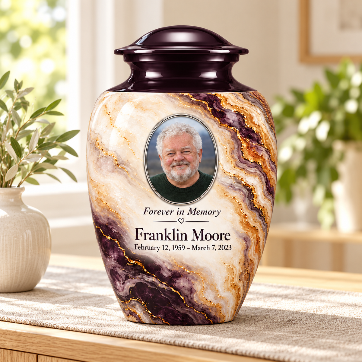 Plum Escarpment adult urn in a sunlit home with fictional sample photo and text.