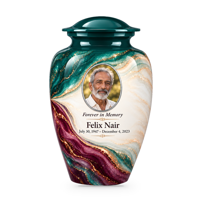 Lagoon Folded Silk adult urn with fictional sample photo and text.
