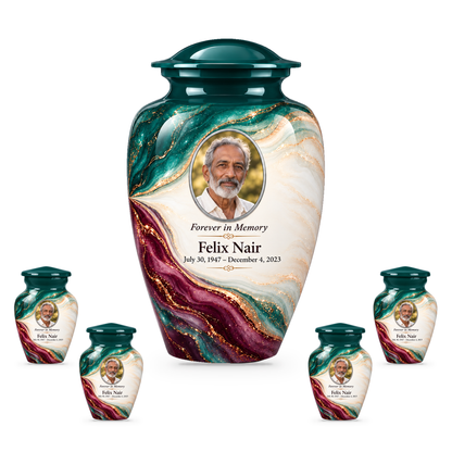Lagoon Folded Silk adult urn with four keepsakes with fictional sample photo and text.