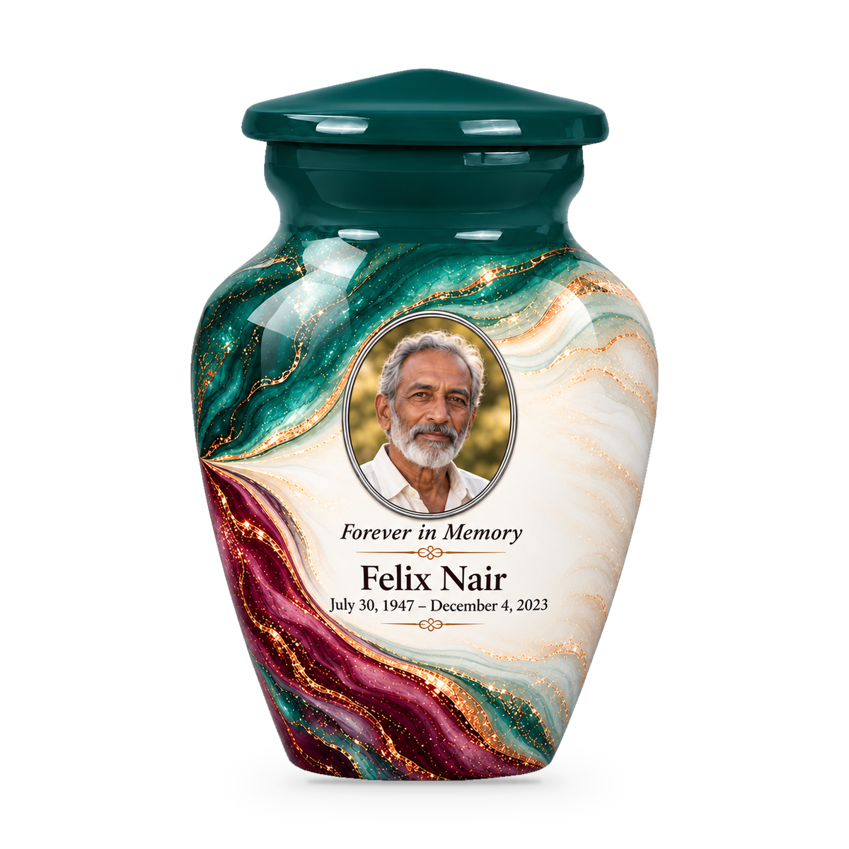 Lagoon Folded Silk single keepsake urn with fictional sample photo and text.